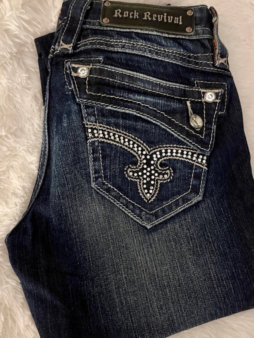 Rock Revival Dark Blue Straight Leg Jeans with Rhinestone Back Pockets - Size 28